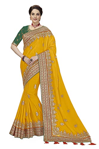 Lemon Satin Embroidered Saree