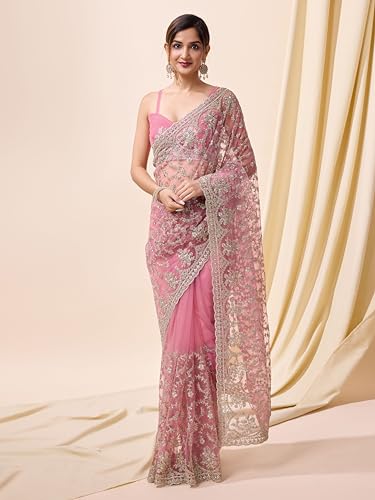 Pink Net Embroidered Saree Blouse
