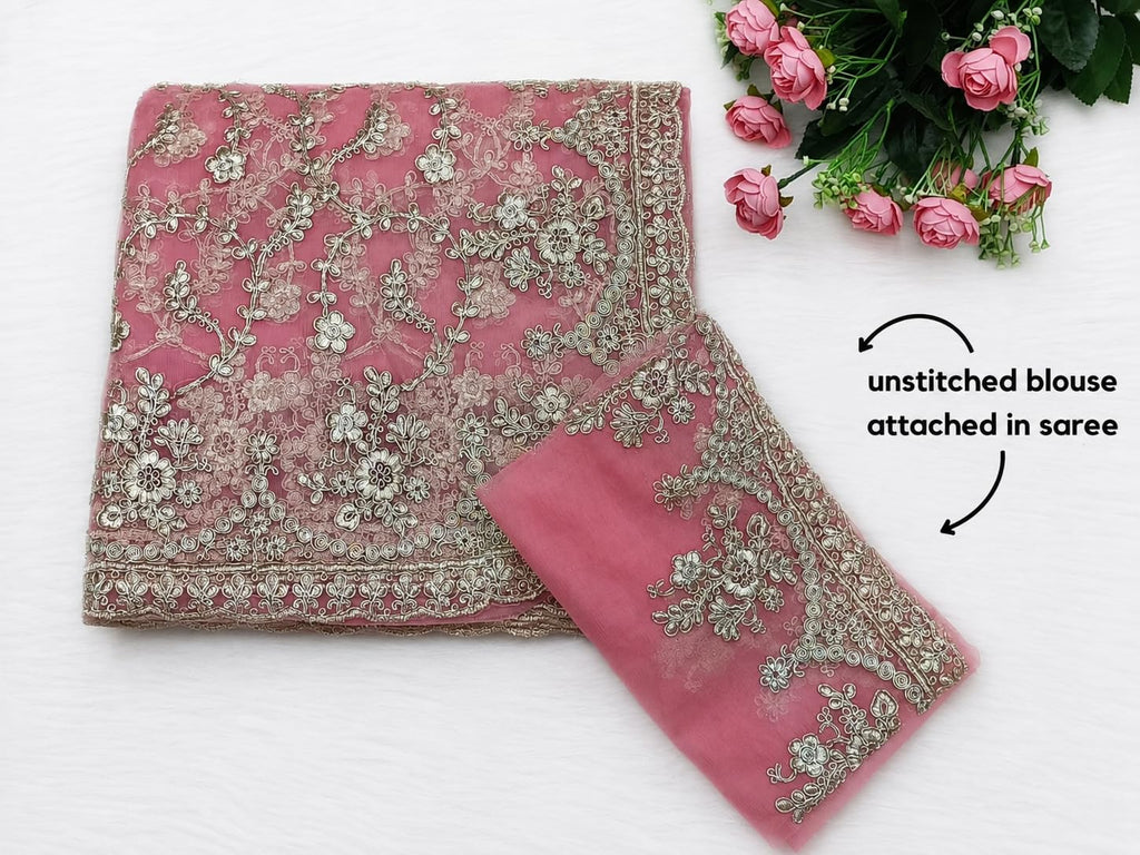 Pink Net Embroidered Saree Blouse