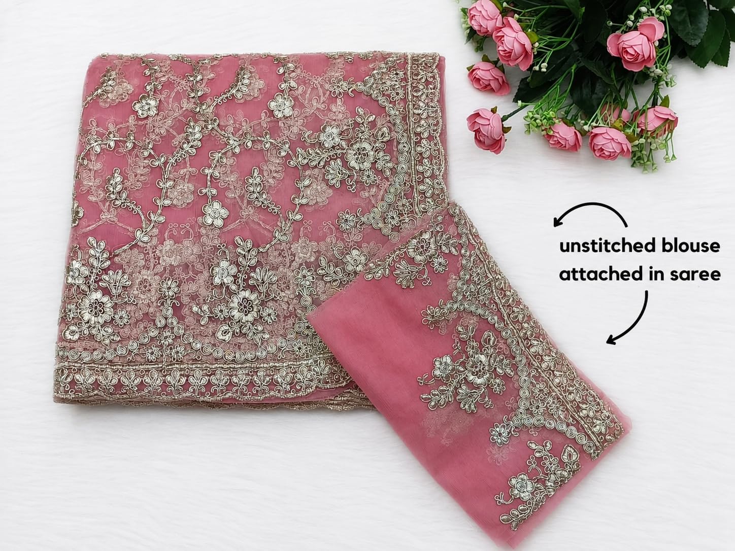 Pink Net Embroidered Saree Blouse