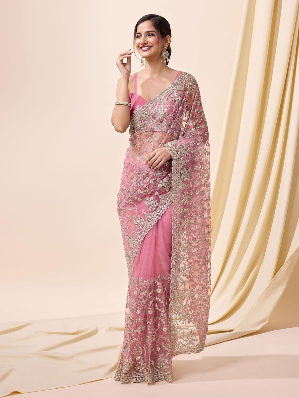 Pink Net Embroidered Saree Blouse