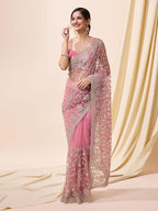 Pink Net Embroidered Saree Blouse