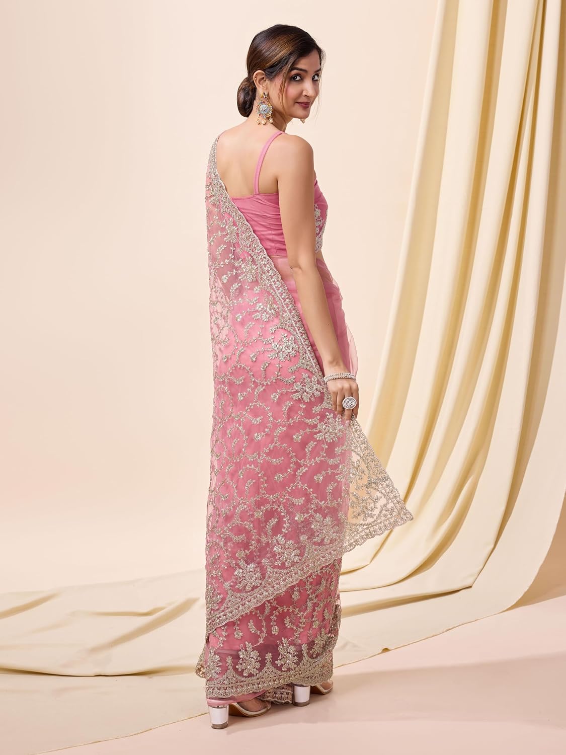 Pink Net Embroidered Saree Blouse