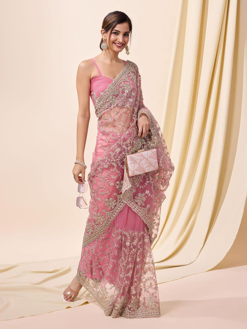 Pink Net Embroidered Saree Blouse