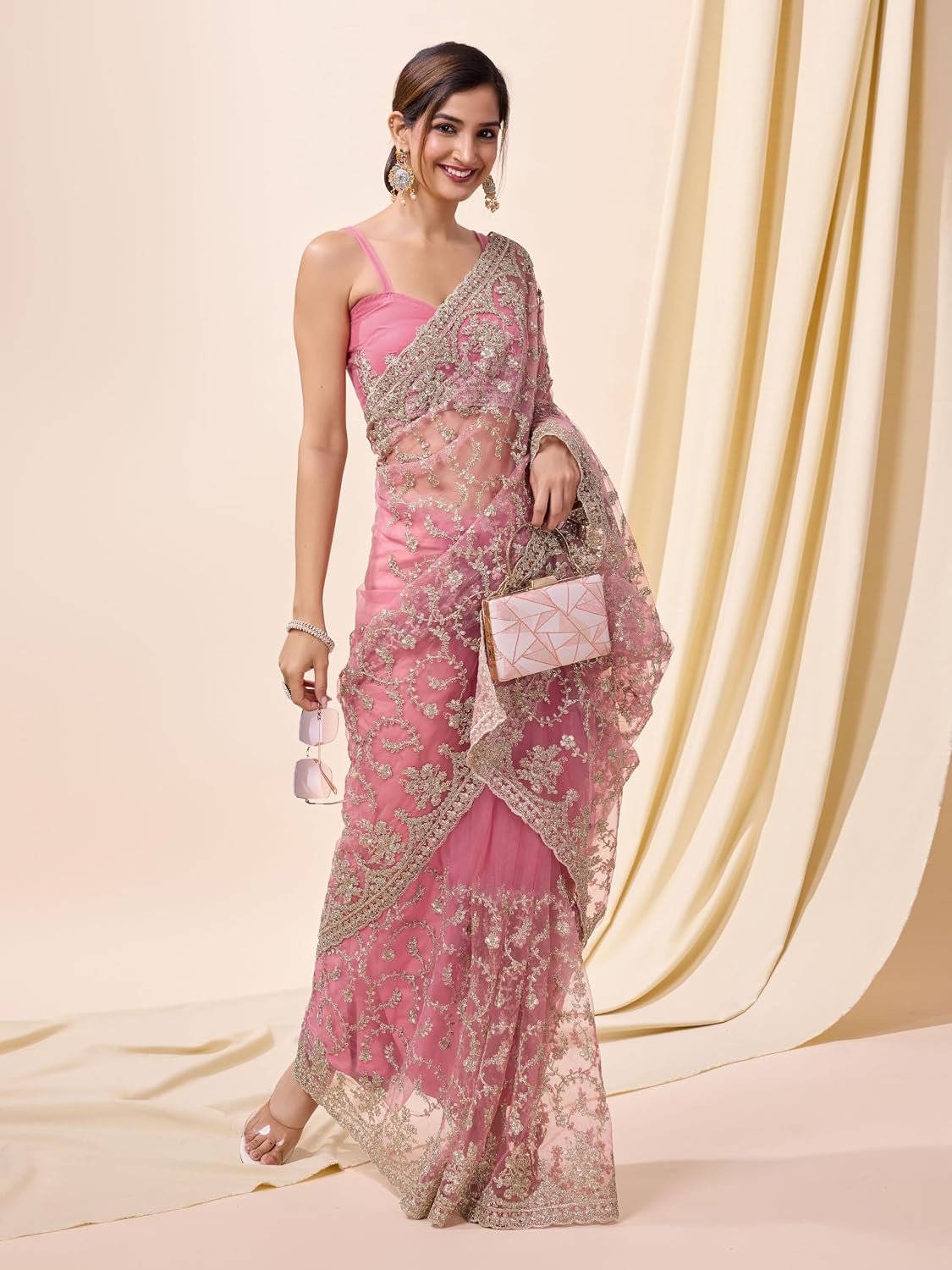 Pink Net Embroidered Saree Blouse