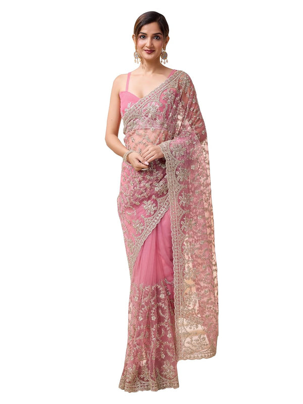 Pink Net Embroidered Saree Blouse