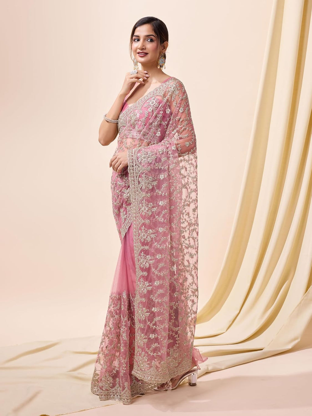 Pink Net Embroidered Saree Blouse