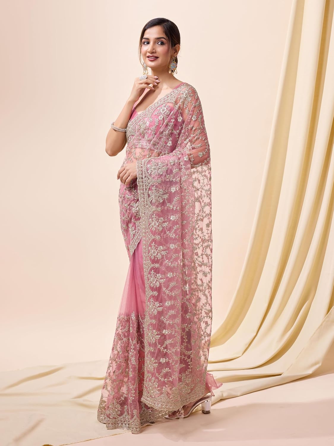 Pink Net Embroidered Saree Blouse