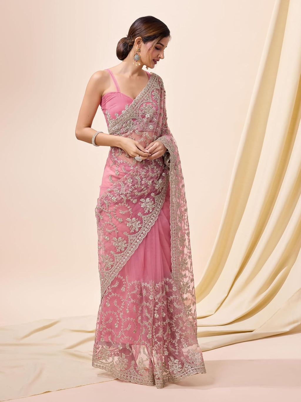 Pink Net Embroidered Saree Blouse