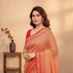 Portrait of a stylish woman, Sanam Kapoor, wearing a peach Kota Doria Cotton Checks Saree with a jacquard border, looking con