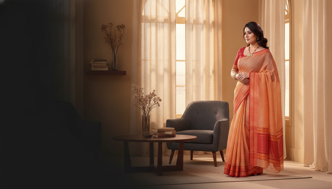 Woman in a peach Kota Doria cotton checks saree with a jacquard border, standing in a sunlit room.