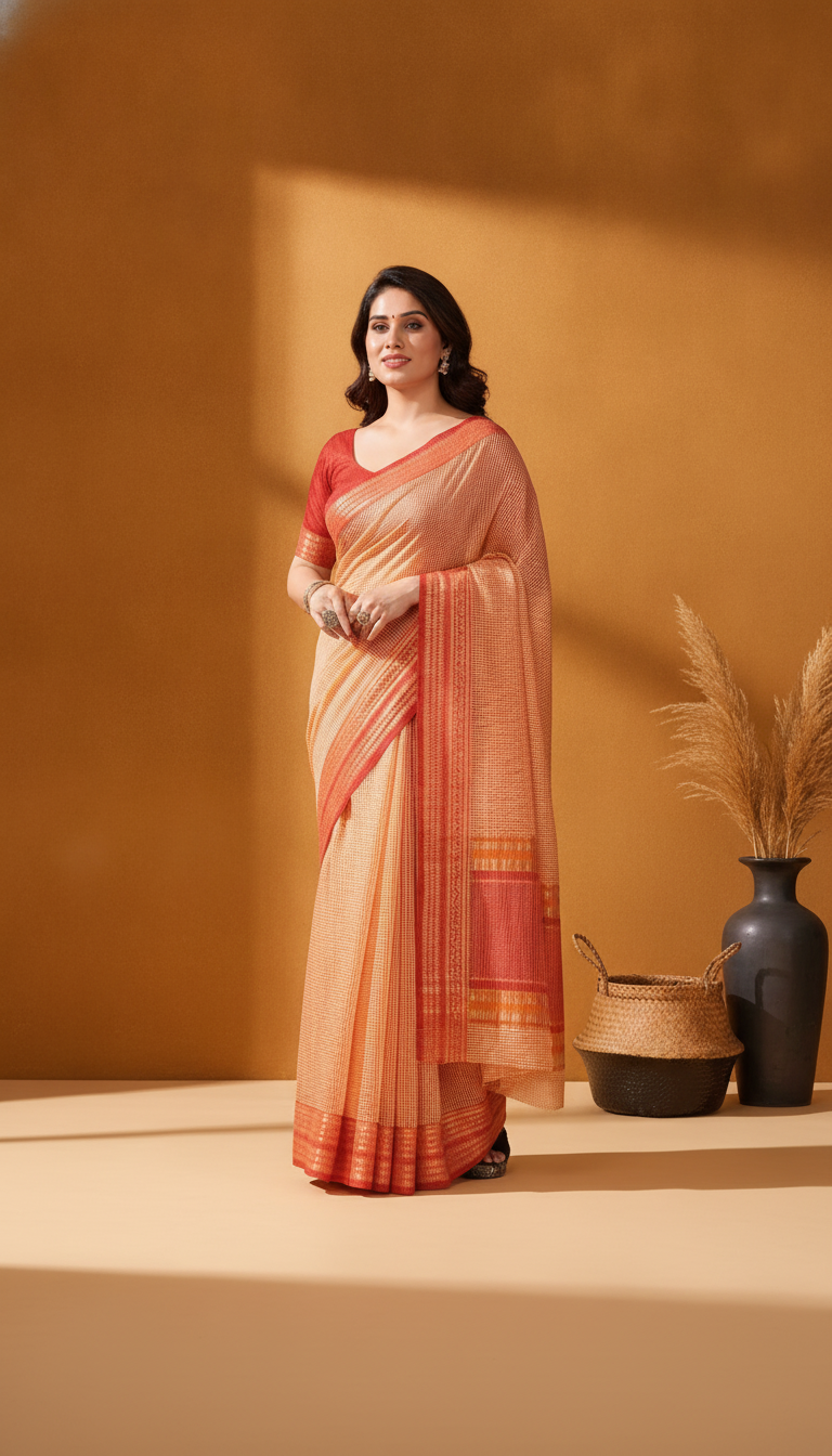 A diverse woman models a peach Kota Doria Cotton Checks Saree with a jacquard border, standing in a sunlit, uncluttered aspir