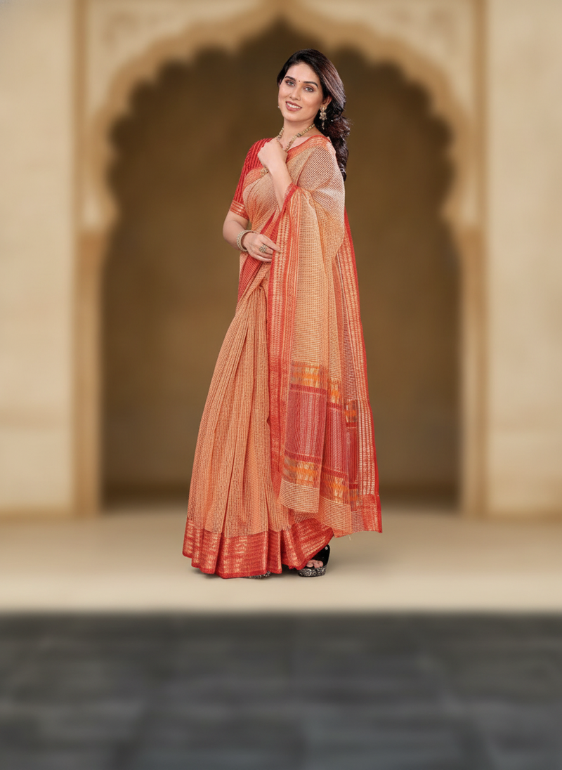 Diverse woman in a peach Kota Doria Cotton Checks Saree with a jacquard border, blouse with stripe pattern, standing elegantl