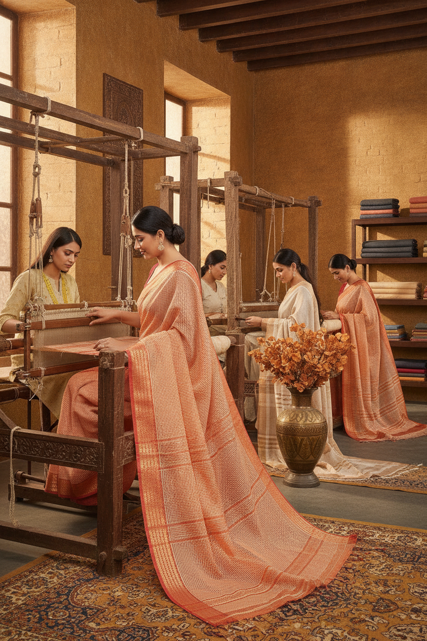 Artisans in a workshop carefully working with a peach Kota Doria Cotton Checks Saree with a jacquard border, showing attentio