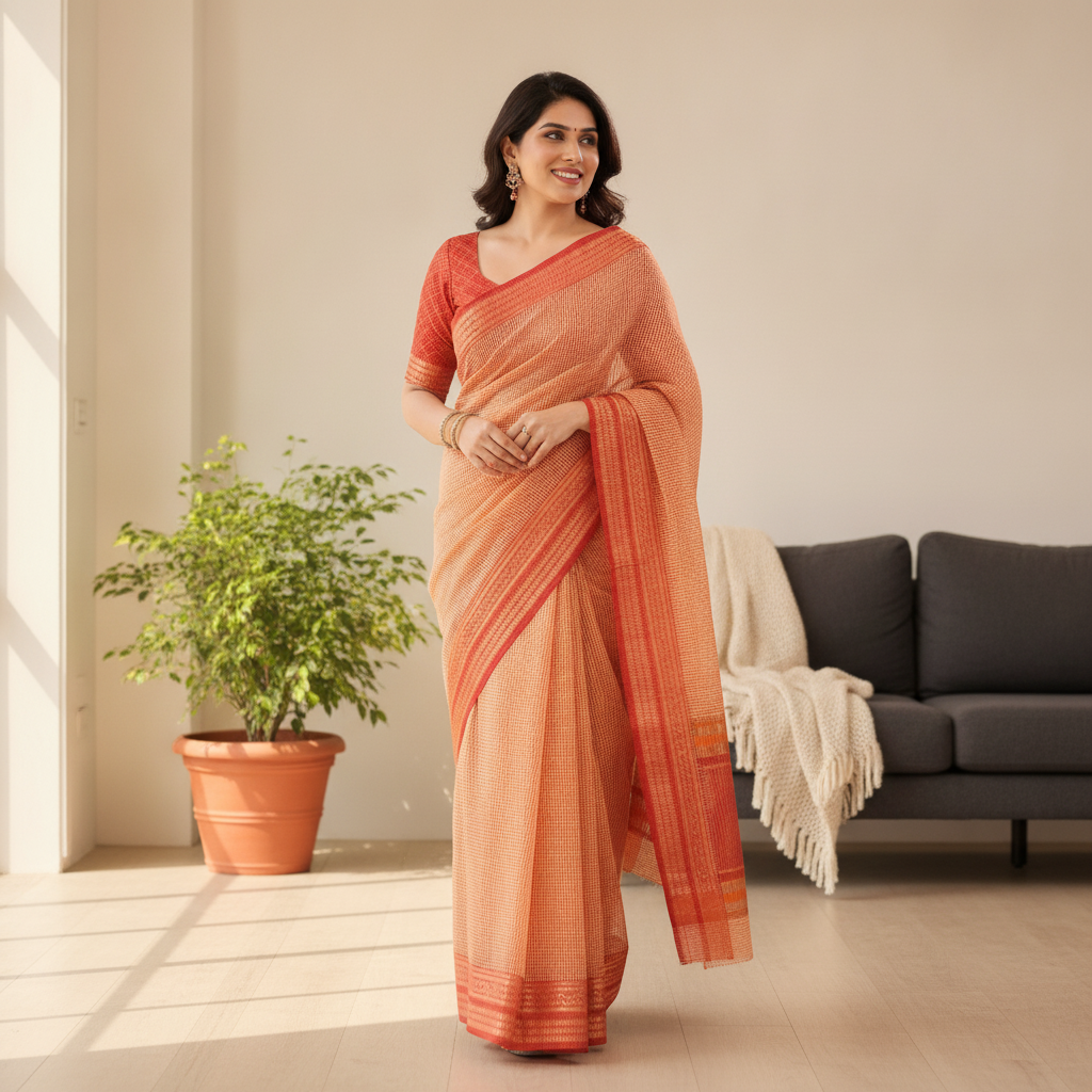 A smiling South Asian woman in her late 20s wears a peach Kota Doria Cotton Checks Saree, walking through a sunlit living spa