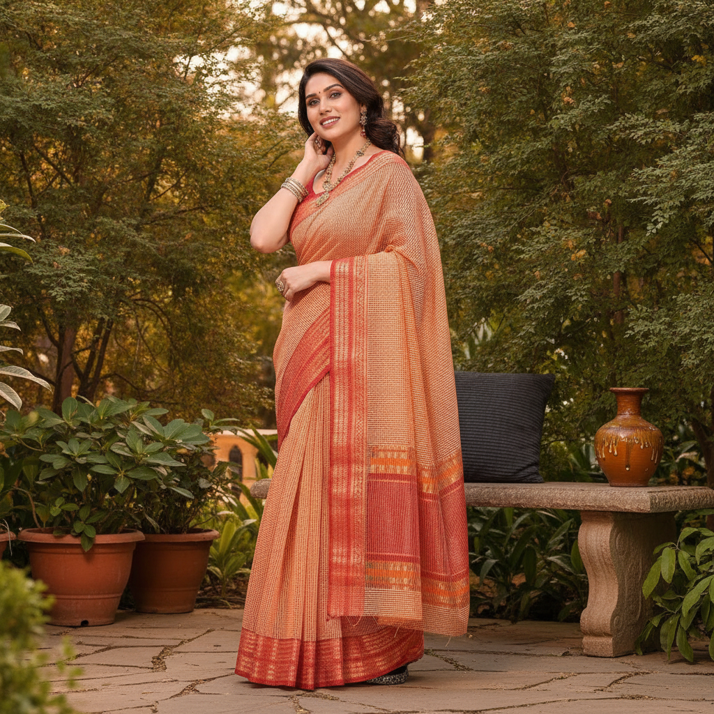 A diverse woman in a peach Kota Doria cotton checks saree with a jacquard border, smiling outdoors in a sunlit garden.