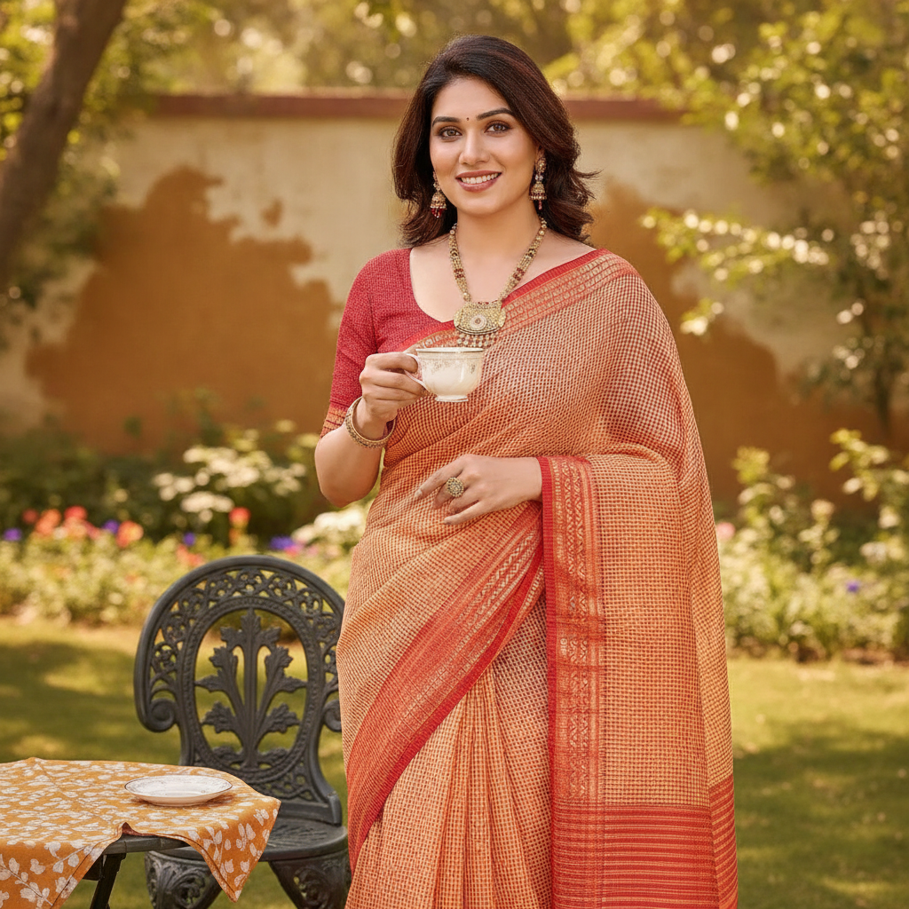 A smiling South Asian woman in a peach Kota Doria cotton checks saree, holding a teacup in a sunny garden.