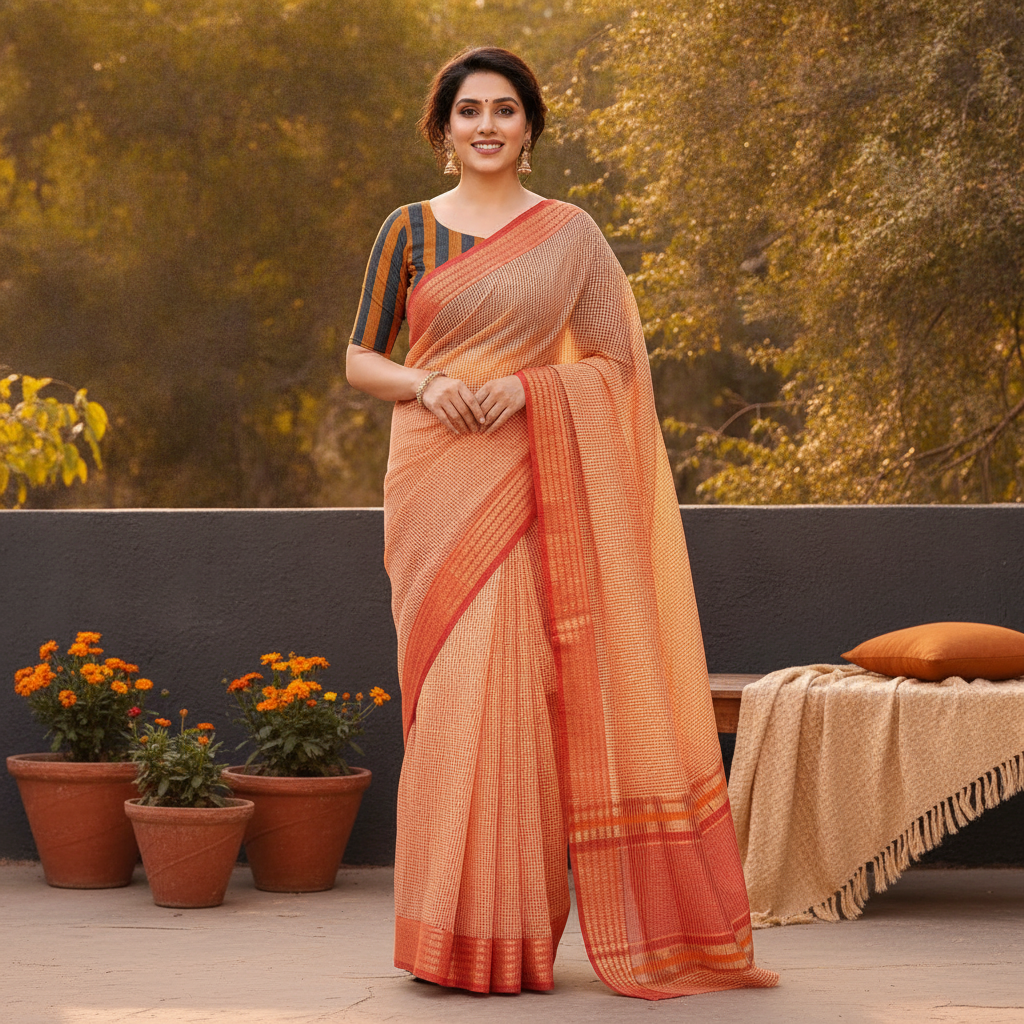 A diverse woman smiling, wearing a peach Kota Doria Cotton Checks Saree with a jacquard border and striped blouse, outdoors i