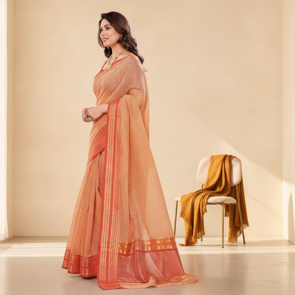 A smiling woman in her late 20s wears a peach Kota Doria cotton checks saree with a jacquard border in a sunlit room.