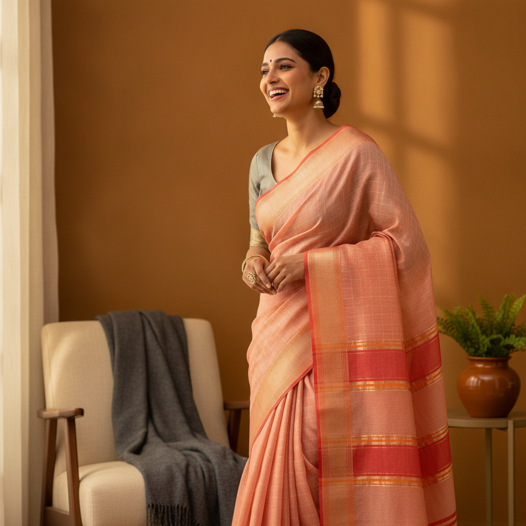South Asian woman laughing, wearing a peach Kota Doria Cotton Checks Saree with a jacquard border, in a sunlit room.