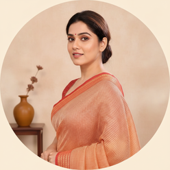 Portrait of Ritu Varma, a woman with a warm expression, wearing a peach Kota Doria cotton saree with a jacquard border.