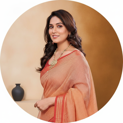 Priya Mani, a South Asian woman, smiles confidently in a circular portrait, wearing a peach Kota Doria cotton checks saree.