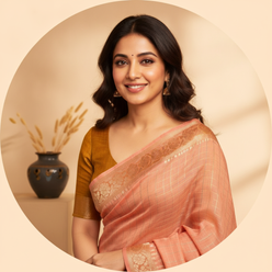 Dia Mirza smiling, wearing a peach Kota Doria Cotton Checks Saree with a jacquard border, against a warm cream background.
