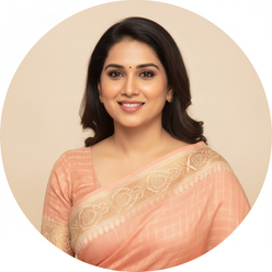 Circular portrait of Kalyani Saha, an Indian woman, smiling warmly in a peach Kota Doria cotton saree with a jacquard border.