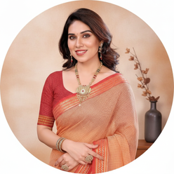 Circular portrait of Aditi Rao, a South Asian woman, smiling and wearing a peach Kota Doria cotton checks saree.