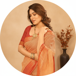 Circular portrait of Megha Ghosh, a woman with dark hair, smiling warmly and wearing a peach Kota Doria cotton saree with a j