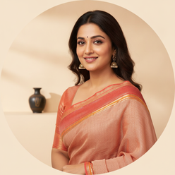 Vidya Balan smiles, wearing a peach Kota Doria Cotton Checks Saree with a jacquard border, against a cream background.