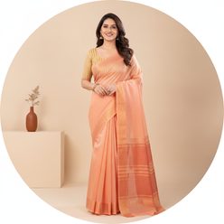 Circular portrait of Malvika Peri, a woman with a warm smile, wearing a peach Kota Doria Cotton Checks Saree.