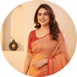 Sobhita Dhulipala smiling, wearing a peach Kota Doria Cotton Checks Saree with a jacquard border, against a clean cream backg