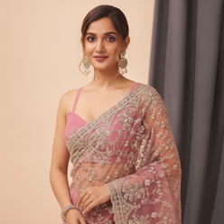 Pink Net Embroidered Saree Blouse - editorial-used-by